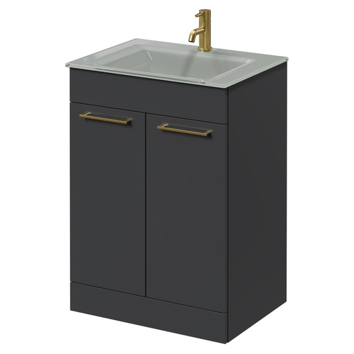 Venice Gloss Grey 600mm Floor Standing Vanity Unit with Grey Glass 1 Tap Hole Basin and 2 Doors with Brushed Brass Handles Right Hand View