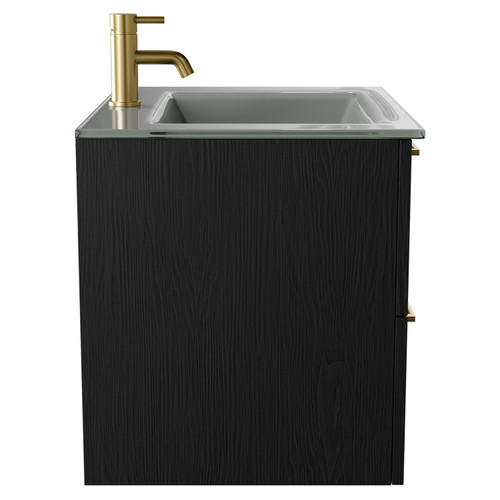 Venice Nero Oak 600mm Wall Mounted Vanity Unit with Grey Glass 1 Tap Hole Basin and 2 Drawers with Brushed Brass Handles Side View