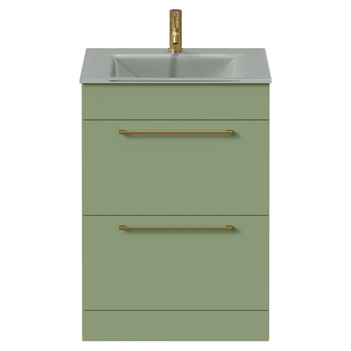 Venice Olive Green 600mm Floor Standing Vanity Unit with Grey Glass 1 Tap Hole Basin and 2 Drawers with Brushed Brass Handles Front View