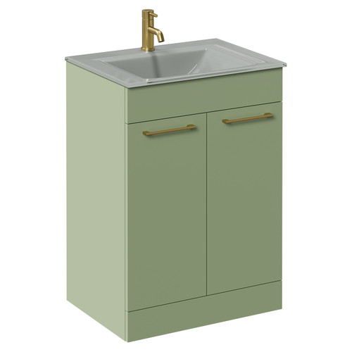 Venice Olive Green 600mm Floor Standing Vanity Unit with Grey Glass 1 Tap Hole Basin and 2 Doors with Brushed Brass Handles Left Hand View