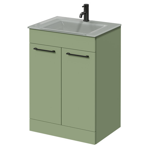 Venice Olive Green 600mm Floor Standing Vanity Unit with Grey Glass 1 Tap Hole Basin and 2 Doors with Gunmetal Grey Handles Right Hand View