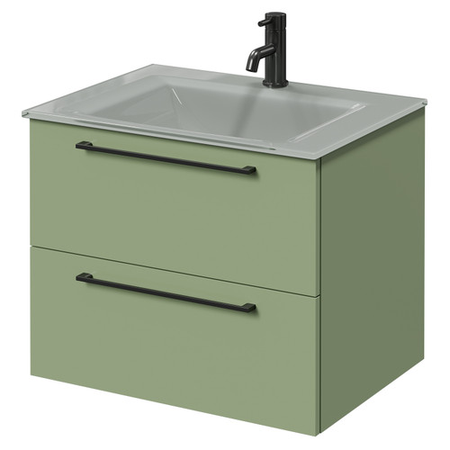 Venice Olive Green 600mm Wall Mounted Vanity Unit with Grey Glass 1 Tap Hole Basin and 2 Drawers with Gunmetal Grey Handles Right Hand View