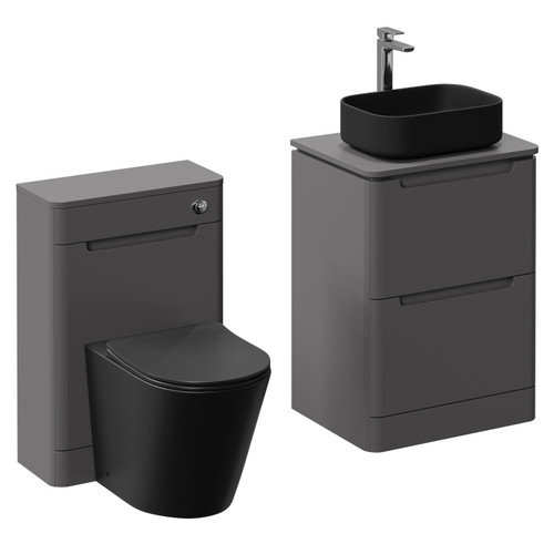 Carlo Matt Cement 1150mm Floor Standing Vanity Unit Toilet Suite with 2 Handleless Drawers including Matt Black Countertop Basin and Rimless Toilet Left Hand View