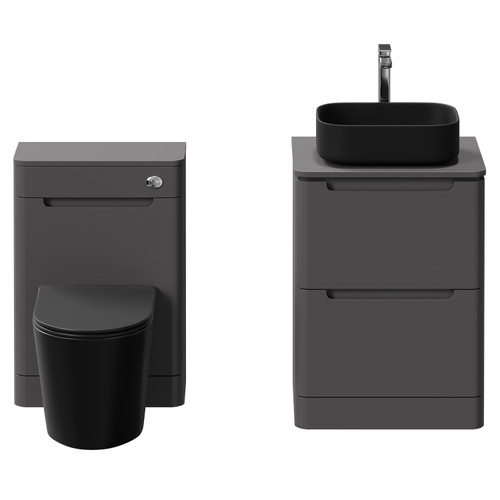 Carlo Matt Cement 1150mm Floor Standing Vanity Unit Toilet Suite with 2 Handleless Drawers including Matt Black Countertop Basin and Rimless Toilet Front View