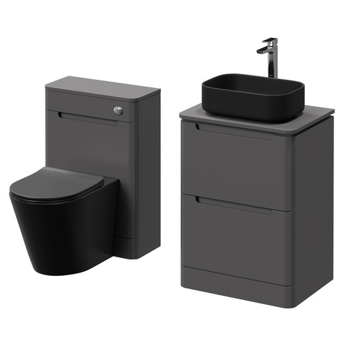 Carlo Matt Cement 1150mm Floor Standing Vanity Unit Toilet Suite with 2 Handleless Drawers including Matt Black Countertop Basin and Rimless Toilet Right Hand View