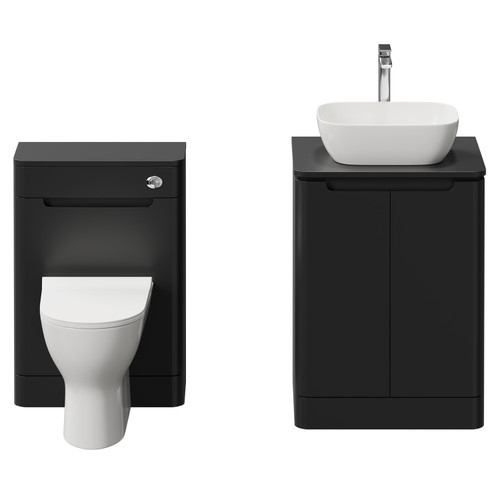 Carlo Matt Black 1150mm Floor Standing Vanity Unit Toilet Suite with 2 Handleless Doors including Gloss White Countertop Basin and Rimless Toilet Front View