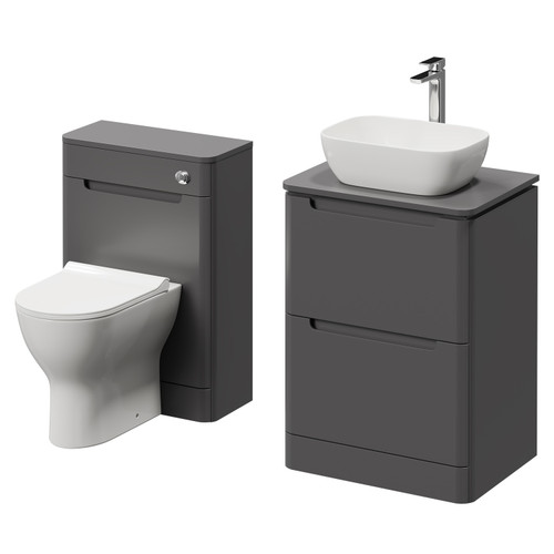 Carlo Matt Cement 1150mm Floor Standing Vanity Unit Toilet Suite with 2 Handleless Drawers including Gloss White Countertop Basin and Rimless Toilet Right Hand View