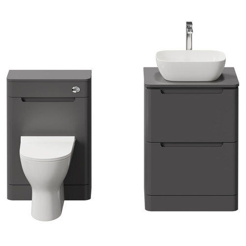 Carlo Matt Cement 1150mm Floor Standing Vanity Unit Toilet Suite with 2 Handleless Drawers including Gloss White Countertop Basin and Rimless Toilet Front View