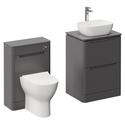 Carlo Matt Cement 1150mm Floor Standing Vanity Unit Toilet Suite with 2 Handleless Drawers including Gloss White Countertop Basin and Rimless Toilet Left Hand View