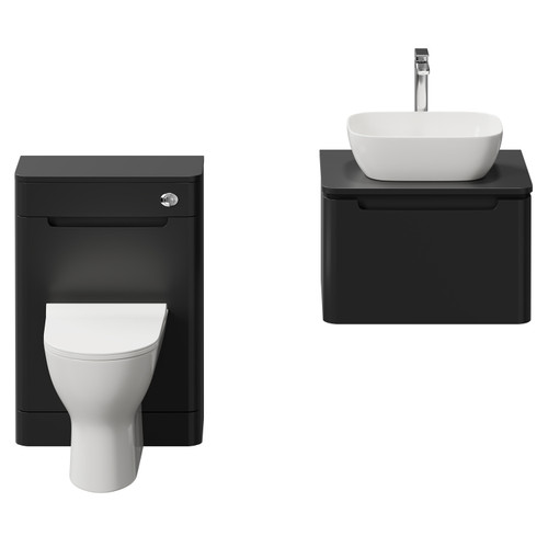 Carlo Matt Black 1150mm Wall Mounted Vanity Unit Toilet Suite with Single Handleless Drawer including Gloss White Countertop Basin and Rimless Toilet Front View