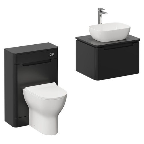 Carlo Matt Black 1150mm Wall Mounted Vanity Unit Toilet Suite with Single Handleless Drawer including Gloss White Countertop Basin and Rimless Toilet Left Hand View