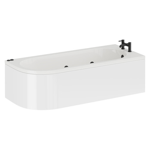 Arc 1700mm x 750mm 6 Jet Matt Black V-Tec Right Hand Curved Whirlpool Shower Bath with White Acrylic Front Bath Panel Left Hand View