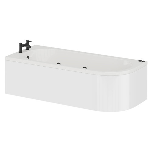 Arc 1700mm x 750mm 6 Jet Matt Black V-Tec Left Hand Curved Whirlpool Shower Bath with White Acrylic Front Bath Panel Left Hand View