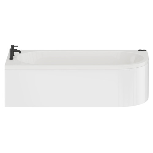 Arc 1700mm x 750mm 6 Jet Matt Black V-Tec Left Hand Curved Whirlpool Shower Bath with White Acrylic Front Bath Panel Front View