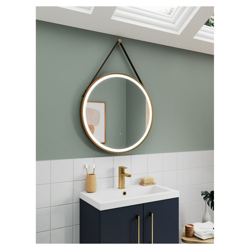 Nuie Brushed Brass Frame with Brown Strap 600mm Round Illuminated LED Mirror with Demister and Touch Sensor - LQ712 Roomset Image