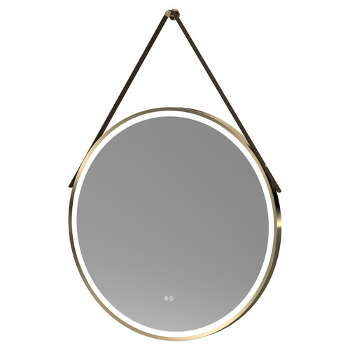 Nuie Brushed Brass Frame with Brown Strap 800mm Round Illuminated LED Mirror with Demister and Touch Sensor - LQ722 Main Image