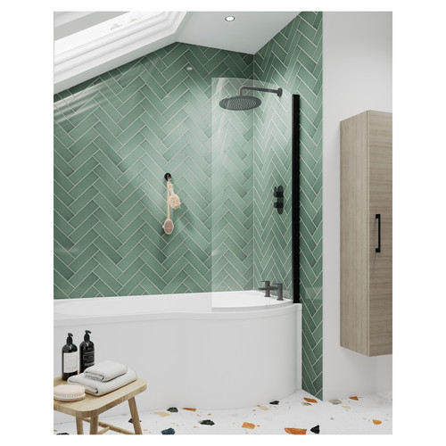 Nuie Pacific Black 870mm Curved P Shape Shower Bath Screen Roomset Image