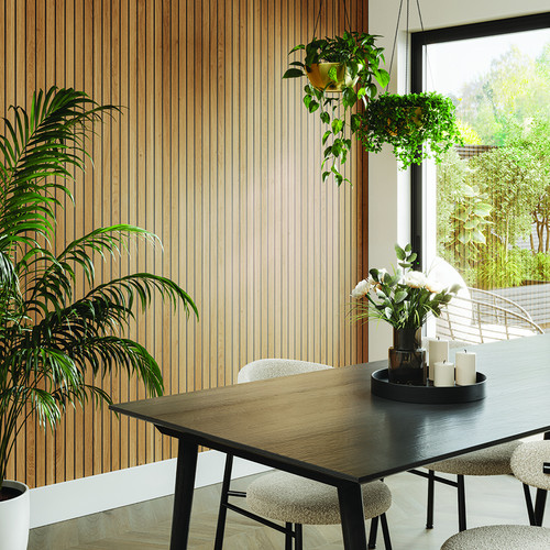 Multipanel Naturepanel Brown Cuneo Oak 2400mm x 598mm Hydro-Lock Tongue & Groove Bathroom Wall Panel Dining Room Lifestyle