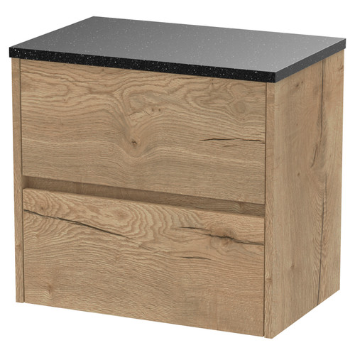 Hudson Reed Havana Autumn Oak 600mm Wall Hung 2 Drawer Vanity Unit with Sparkling Black Worktop - HAV804LSB