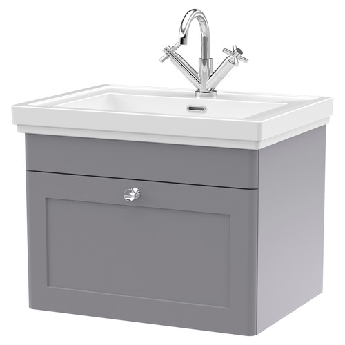 Nuie Classique Satin Grey 600mm Single Drawer Wall Hung Vanity Unit and 66mm Profile Basin with 1 Tap Hole - CLC294A