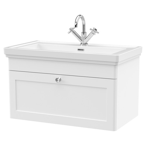 Nuie Classique Satin White 800mm Single Drawer Wall Hung Vanity Unit and 66mm Profile Basin with 1 Tap Hole - CLC196A