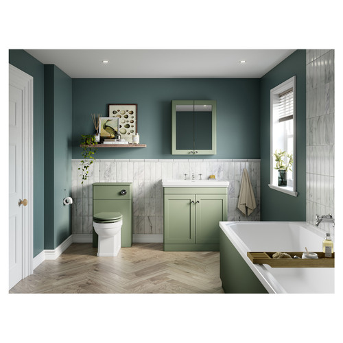 Nuie Classique Satin Green 500mm 2 Door Floor Standing Vanity Unit and 66mm Profile Basin with 3 Tap Holes Lifestyle