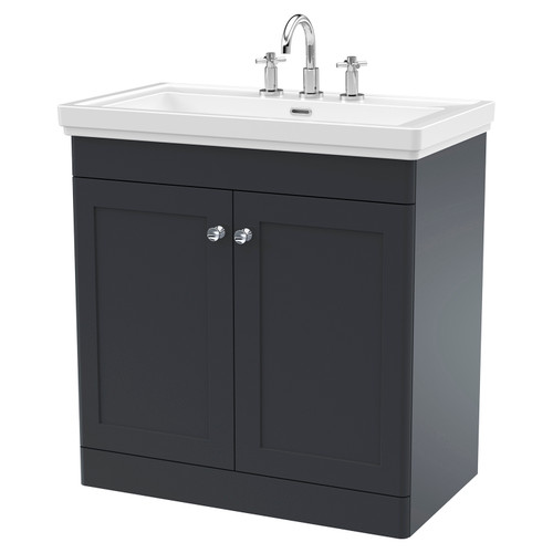 Nuie Classique Soft Black 800mm 2 Door Floor Standing Vanity Unit and 66mm Profile Basin with 3 Tap Holes - CLC1426B