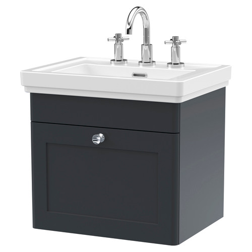 Nuie Classique Soft Black 500mm Single Drawer Wall Hung Vanity Unit and 66mm Profile Basin with 3 Tap Holes - CLC1491B