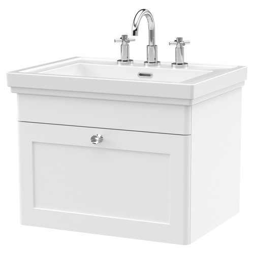 Nuie Classique Satin White 600mm Single Drawer Wall Hung Vanity Unit and 66mm Profile Basin with 3 Tap Holes - CLC194B