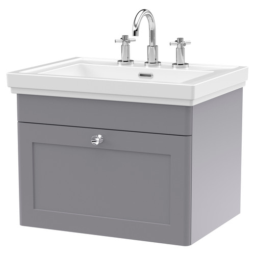 Nuie Classique Satin Grey 600mm Single Drawer Wall Hung Vanity Unit and 66mm Profile Basin with 3 Tap Holes - CLC294B