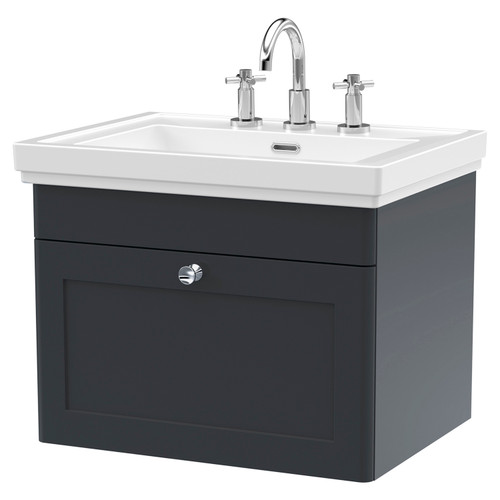 Nuie Classique Soft Black 600mm Single Drawer Wall Hung Vanity Unit and 66mm Profile Basin with 3 Tap Holes - CLC1494B
