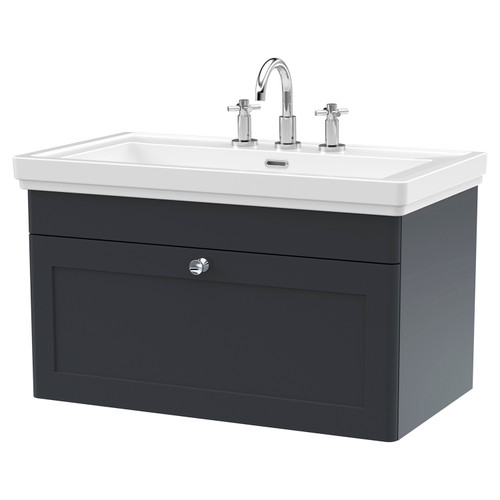Nuie Classique Soft Black 800mm Single Drawer Wall Hung Vanity Unit and 66mm Profile Basin with 3 Tap Holes - CLC1496B
