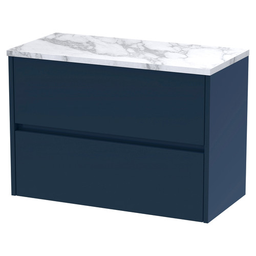 Hudson Reed Havana Midnight Blue 800mm Wall Hung 2 Drawer Vanity Unit with Matt Carrera Marble Laminate Worktop - HAV2906LCM