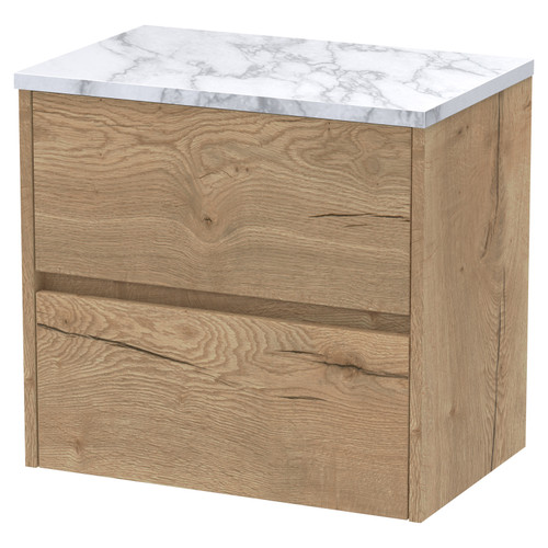 Hudson Reed Havana Autumn Oak 600mm Wall Hung 2 Drawer Vanity Unit with Matt Carrera Marble Laminate Worktop - HAV804LCM