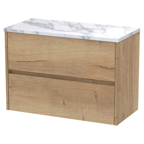 Hudson Reed Havana Autumn Oak 800mm Wall Hung 2 Drawer Vanity Unit with Matt Carrera Marble Laminate Worktop - HAV806LCM