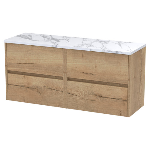 Hudson Reed Havana Autumn Oak 1200mm Wall Hung 4 Drawer Vanity Unit with Matt Carrera Marble Laminate Worktop - HAV804LCM2