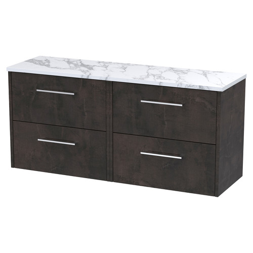 Hudson Reed Juno Metallic Slate 1200mm Wall Hung 4 Drawer Vanity Unit with Matt Carrera Marble Laminate Worktop - JNU2624LCM2