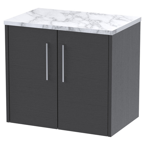 Hudson Reed Juno Graphite Grey 600mm Wall Hung 2 Door Vanity Unit with Matt Carrera Marble Laminate Worktop - JNU2223LCM