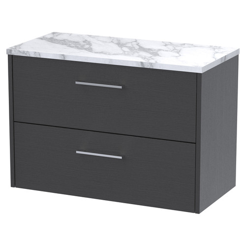 Hudson Reed Juno Graphite Grey 800mm Wall Hung 2 Drawer Vanity Unit with Matt Carrera Marble Laminate Worktop - JNU2226LCM