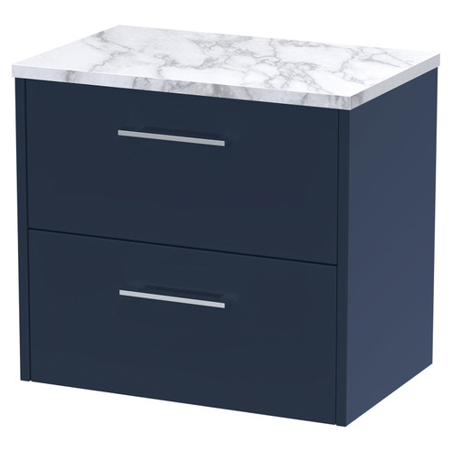 Hudson Reed Juno Midnight Blue 600mm Wall Hung 2 Drawer Vanity Unit with Matt Carrera Marble Laminate Worktop - JNU2924LCM