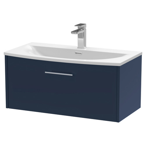 Hudson Reed Juno Midnight Blue 800mm Wall Hung Single Drawer Vanity Unit with 30mm Profile Curved Basin - JNU2925G