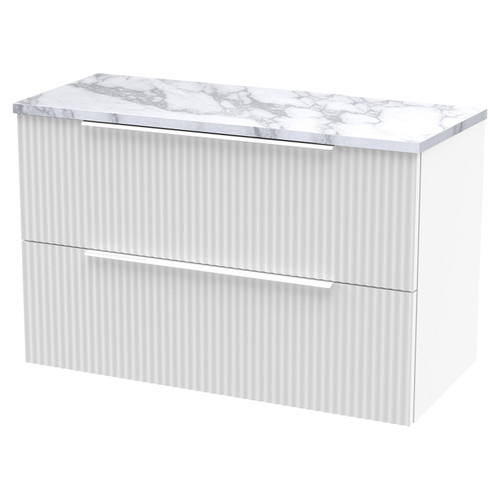 Hudson Reed Fluted Satin White 800mm Wall Hung 2 Drawer Vanity Unit with Matt Carrera Marble Laminate Worktop - DFF195LCM