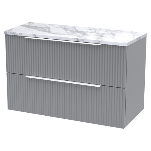 Hudson Reed Fluted Satin Grey 800mm Wall Hung 2 Drawer Vanity Unit with Matt Carrera Marble Laminate Worktop - DFF295LCM
