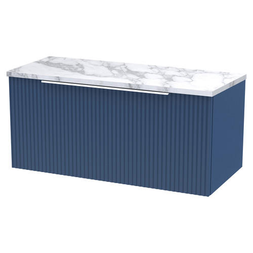 Hudson Reed Fluted Satin Blue 800mm Wall Hung Single Drawer Vanity Unit with Matt Carrera Marble Laminate Worktop - DFF396LCM