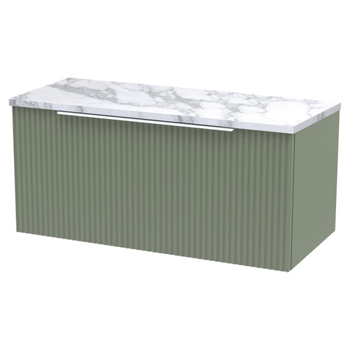 Hudson Reed Fluted Satin Green 800mm Wall Hung Single Drawer Vanity Unit with Matt Carrera Marble Laminate Worktop - DFF896LCM