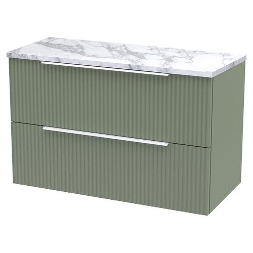 Hudson Reed Fluted Satin Green 800mm Wall Hung 2 Drawer Vanity Unit with Matt Carrera Marble Laminate Worktop - DFF895LCM