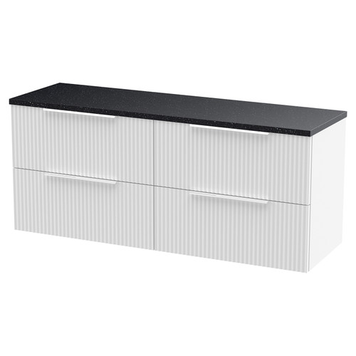 Hudson Reed Fluted Satin White 1200mm Wall Hung 4 Drawer Vanity Unit with Sparkling Black Worktop - DFF193LSB2