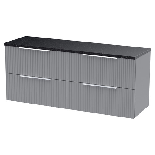 Hudson Reed Fluted Satin Grey 1200mm Wall Hung 4 Drawer Vanity Unit with Sparkling Black Worktop - DFF293LSB2