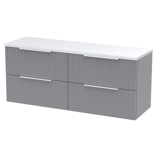Hudson Reed Fluted Satin Grey 1200mm Wall Hung 4 Drawer Vanity Unit with Sparkling White Worktop - DFF293LSW2