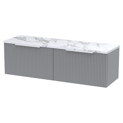 Hudson Reed Fluted Satin Grey 1200mm Wall Hung 2 Drawer Vanity Unit with Matt Carrera Marble Laminate Worktop - DFF294LCM2
